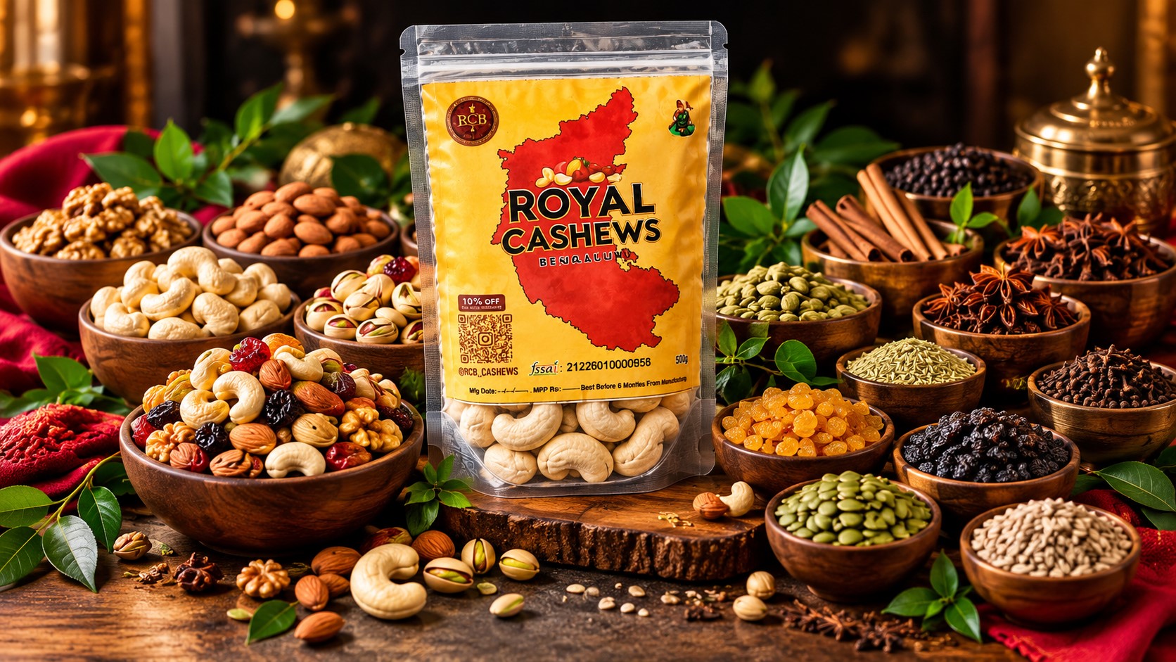 Royal Cashews packs filled with cashews, arranged on a wooden table